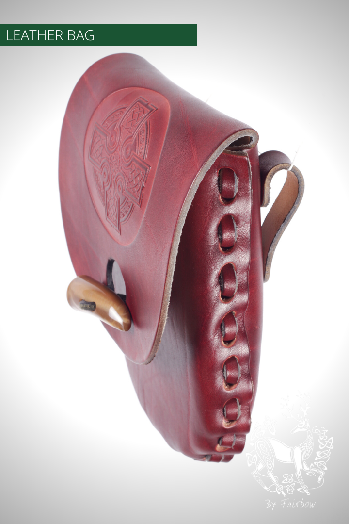 HANDCARVED LEATHER BAG, SPORRAN OR BELT MODEL WITH CELTIC DESIGN-Bag-Fairbow-Brown, bordeax burgundy-Fairbow
