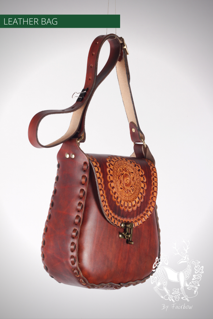 HANDCARVED LEATHER BAG WITH CELTIC CIRCLE DESIGN-Bag-Fairbow-Fairbow