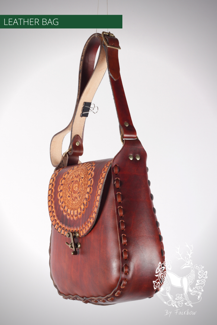HANDCARVED LEATHER BAG WITH CELTIC CIRCLE DESIGN-Bag-Fairbow-Fairbow
