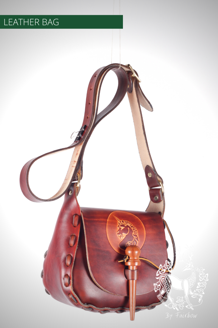 HANDCARVED LEATHER BAG WITH CELTIC UNICORN DESIGN-Bag-Fairbow-Fairbow