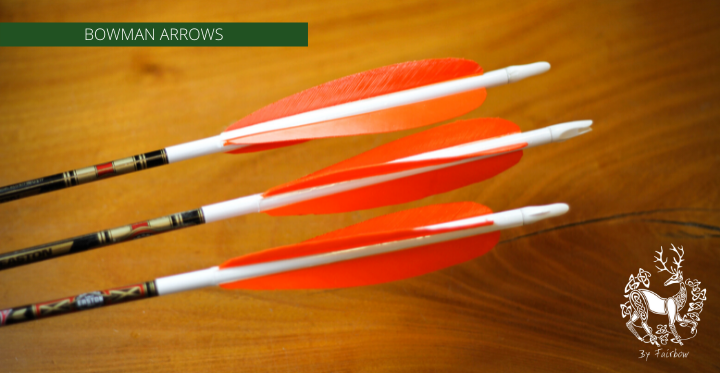 BOWMAN ARROWS, 5.5 INCH PARABOLIC FEATHERS WOODEN/ALU SHAFT PLASTIC NOCK SET OF 6-Arrow-Fairbow-Northern Pine Premium-Fairbow