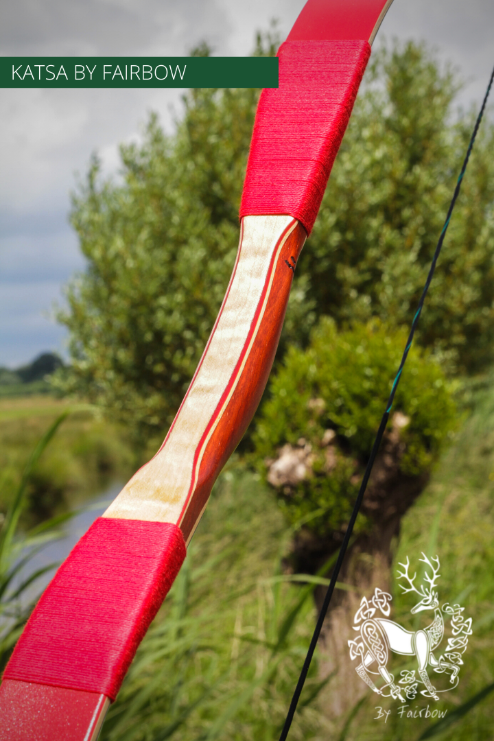 THE KATSA BOW, 53 LB, PADOUK WOOD, RED "N WHITE, RED KIRINITE NOCKS-Bow-Fairbow-Fairbow