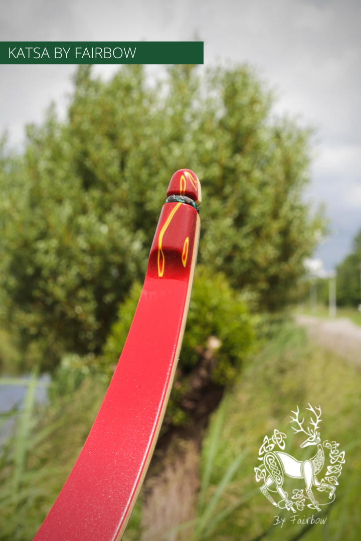 THE KATSA BOW, 53 LB, PADOUK WOOD, RED "N WHITE, RED KIRINITE NOCKS-Bow-Fairbow-Fairbow