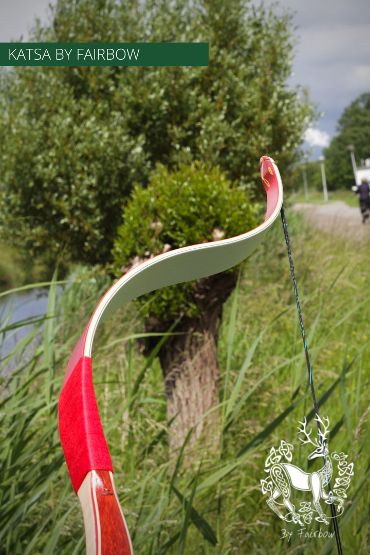 THE KATSA BOW, 53 LB, PADOUK WOOD, RED "N WHITE, RED KIRINITE NOCKS-Bow-Fairbow-Fairbow