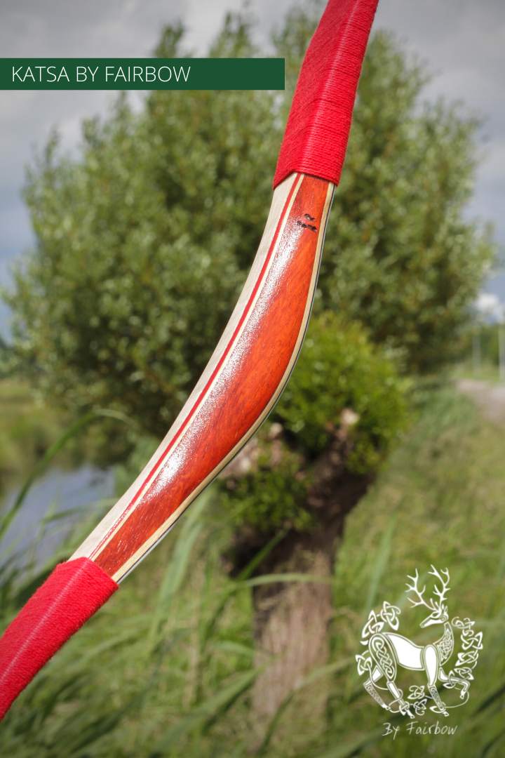 THE KATSA BOW, 53 LB, PADOUK WOOD, RED "N WHITE, RED KIRINITE NOCKS-Bow-Fairbow-Fairbow