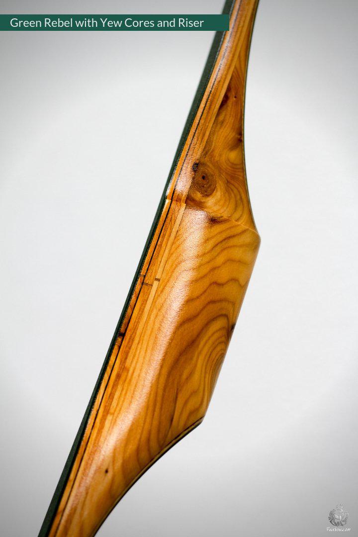 THE REBEL, BOW WITH BACKSET 35@28 GREEN GLASS, YEW CORES AND RISER-Bow-Fairbow-Fairbow