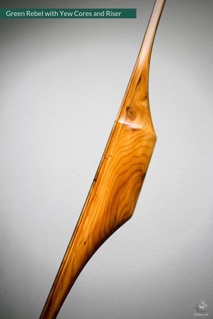 THE REBEL, BOW WITH BACKSET 35@28 GREEN GLASS, YEW CORES AND RISER-Bow-Fairbow-Fairbow