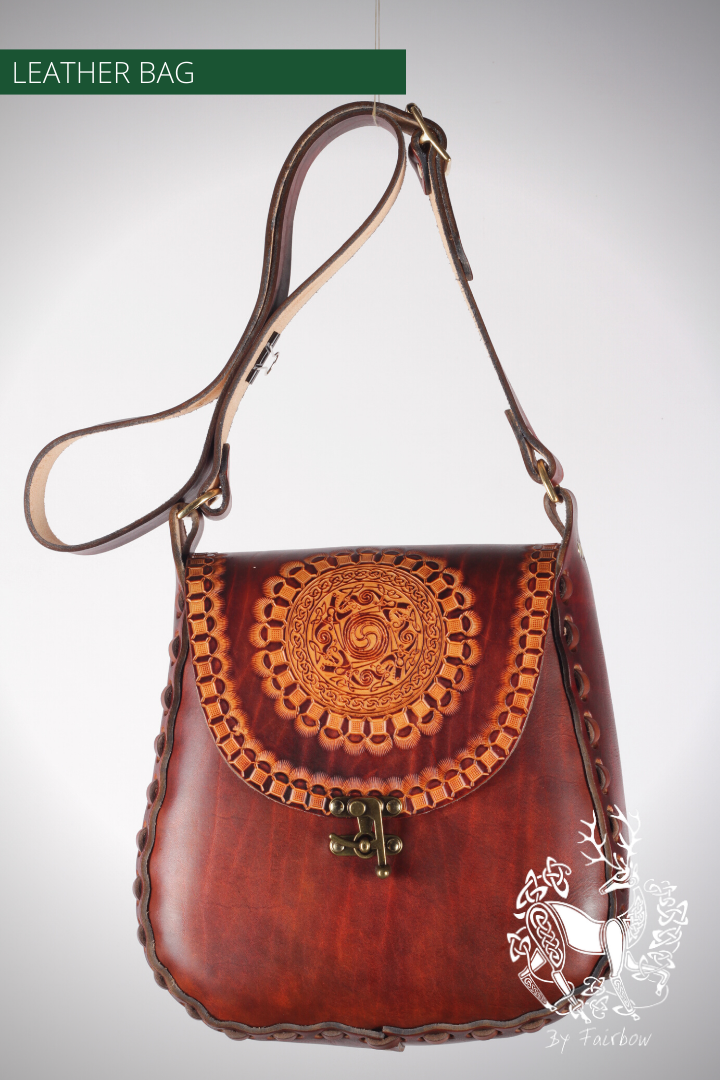 HANDCARVED LEATHER BAG WITH CELTIC CIRCLE DESIGN-Bag-Fairbow-Fairbow