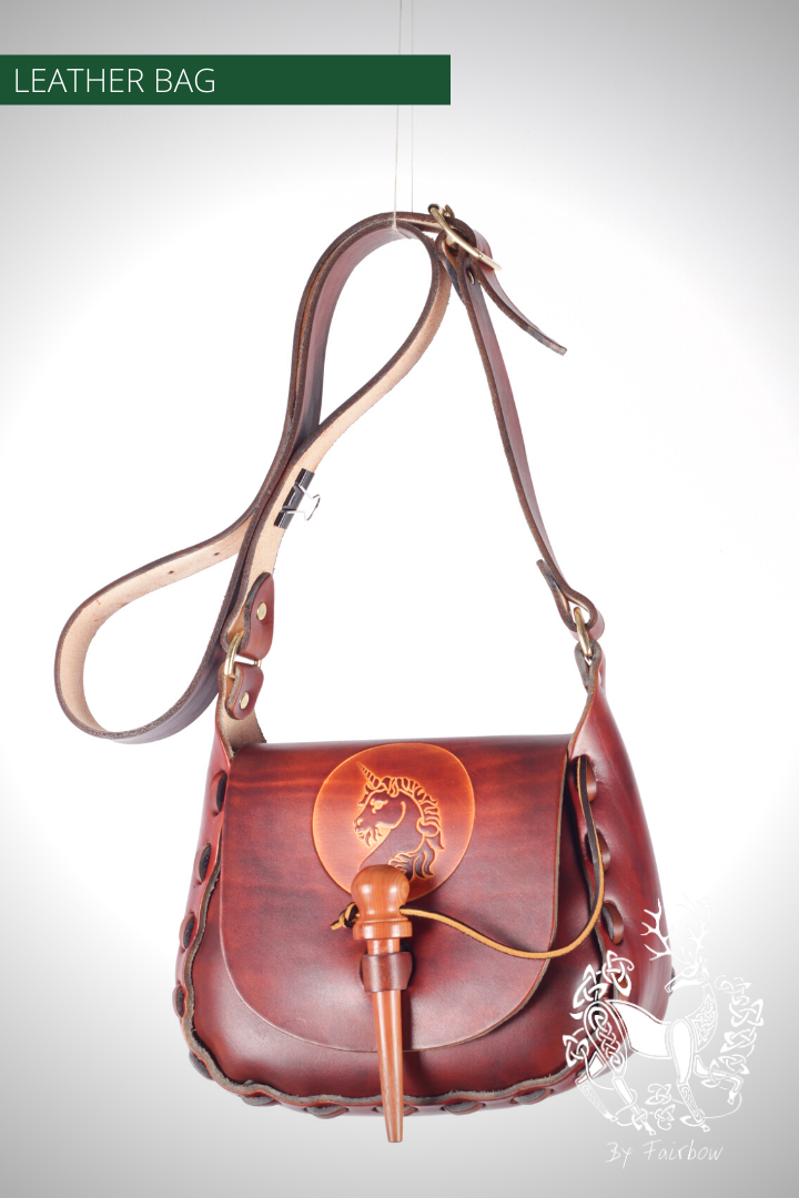 HANDCARVED LEATHER BAG WITH CELTIC UNICORN DESIGN-Bag-Fairbow-Fairbow